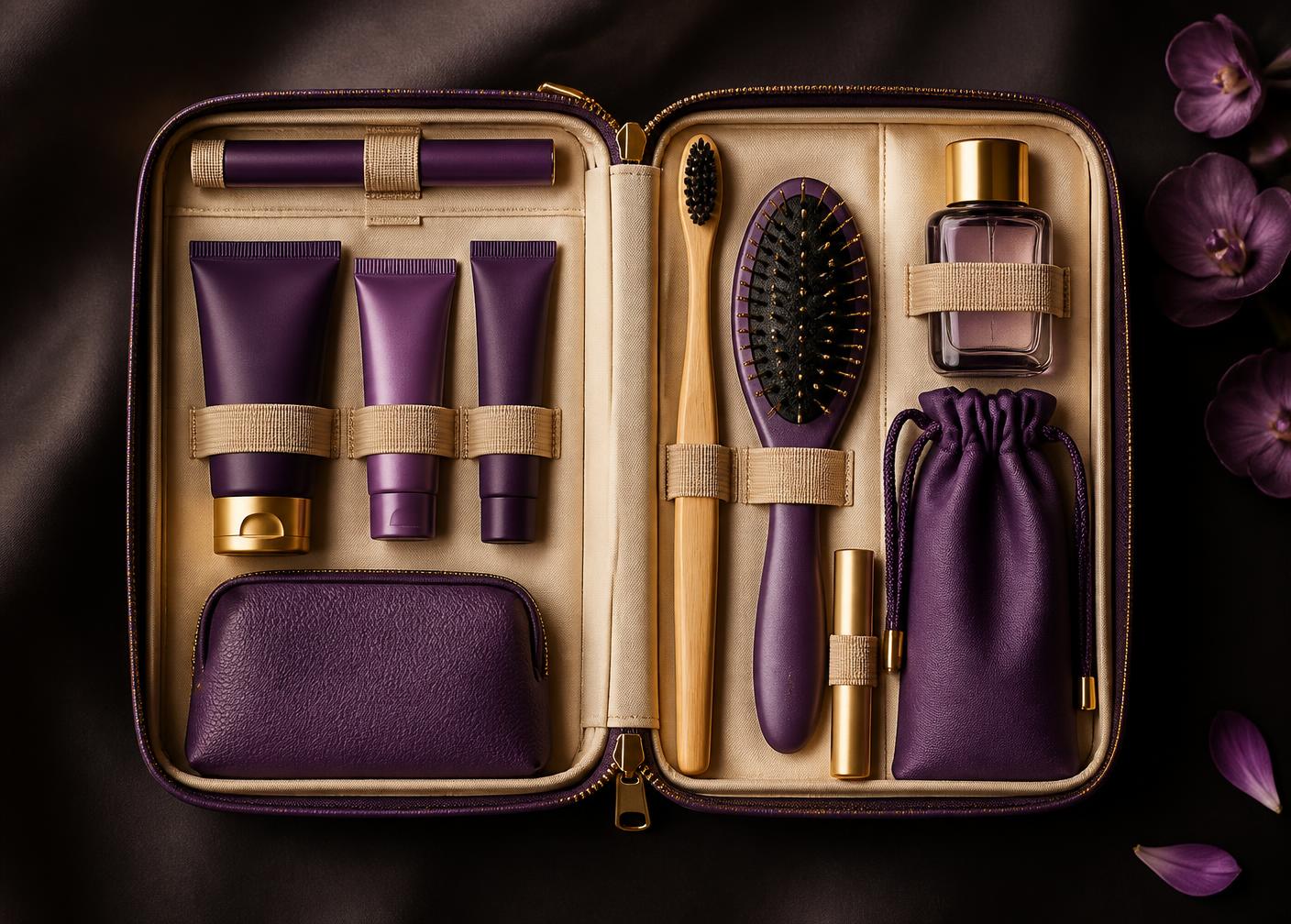 Open amenity case with organised skincare, fragrance and bamboo dental kit